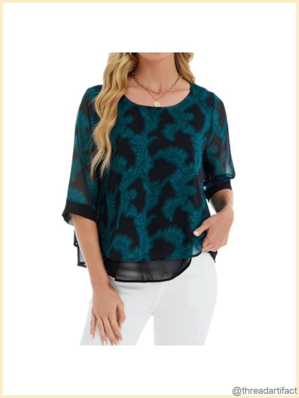 Womens Casual Scoop Neck 3/4 Sleeve Chiffon Blouse Loose Fit Top